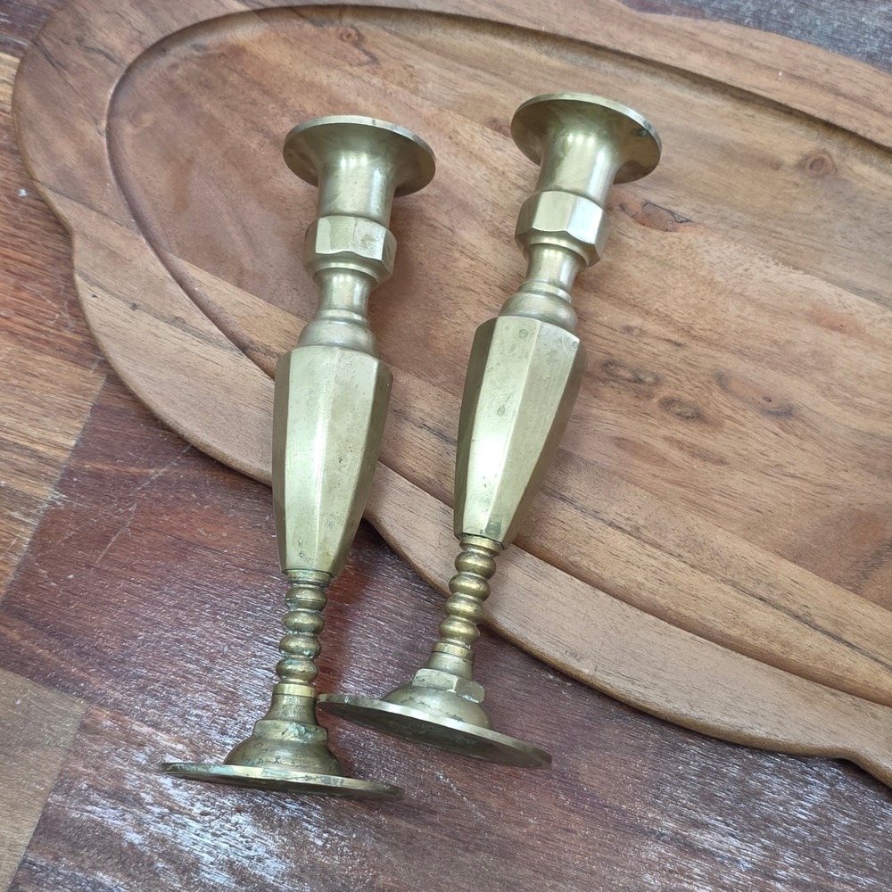 Vintage Solid Brass Candlestick Holders Pair Hexagonal Beehive Stem 7 Inch